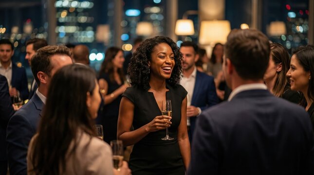 diverse group of professionals socializing at an evening networking event in modern urban setting
