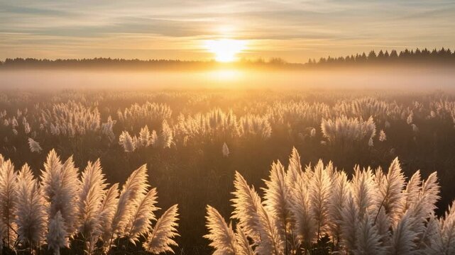 Golden hour light illuminates a vast field of feathery pampas grass, creating a serene and misty landscape at sunrise or sunset with a distant forest.