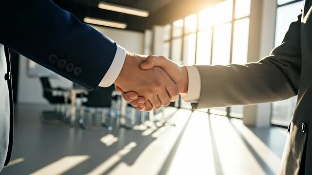Close up of two professional businessmen in suits shaking hands in a bright modern office to seal a deal or partnership agreement.