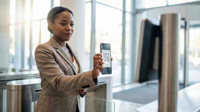 businesswoman using smartphone to scan qr code for entry in modern office building