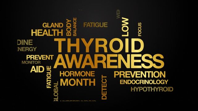 Thyroid awareness concept Animated Tag Word Cloud kinetic typography, Text Design Animation typography seamless loop video motion graphics Intro Wordart gold golden type on black backdrop bg          