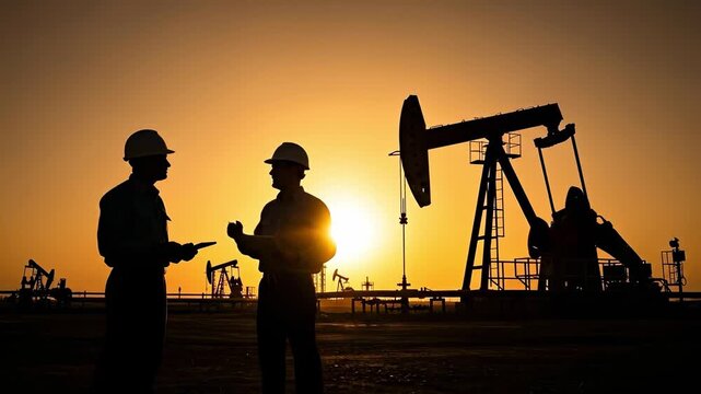 Silhouette of two male oil field engineers in hard hats discussing work at sunset with pump jacks and drilling rigs in the background