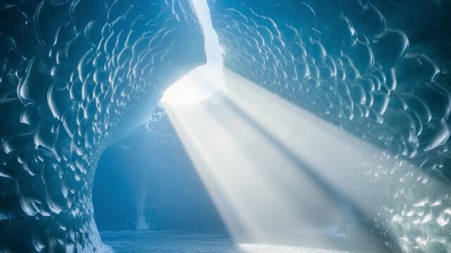 Stunning blue ice cave interior with dramatic light rays shining through an opening, creating an ethereal and mysterious natural frozen landscape.