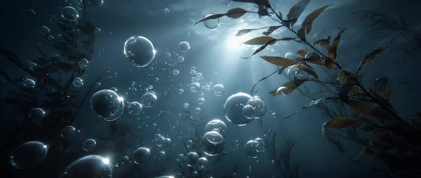 Underwater Shot of Air Bubbles Rising to the Surface with Bright Sunlight Rays - Aquatic Nature Background