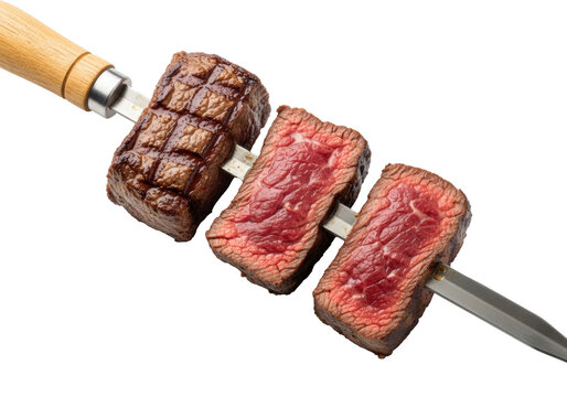 Three succulent, medium-rare fraldinha beef slices, perfectly grilled with charred crust on a stainless steel skewer, transparent studio background, authentic Brazilian churrasco cuisine