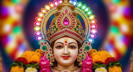 Hindu goddess idol adorned with colorful flower garlands and ornate crown