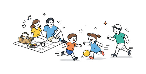 Joyful Family Picnic. Family picnic playful moment. Children running, laughing, or playing near the picnic blanket while adults watch, highlighting joyful