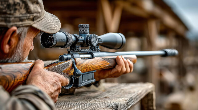Sharpshooter aiming rifle with precision scope in outdoor range, sniper holds weapon ready to shooting.