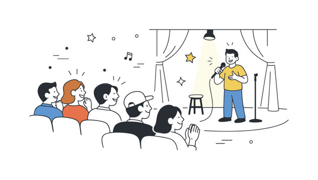 Theater Night Delight. Evening at the theater. A relaxed audience enjoying a comedy show, with stage lights softly glowing. The illustration suggests