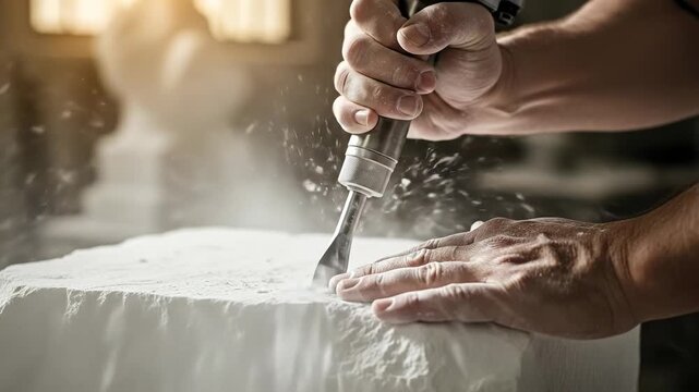 Close up of a male sculptor's hands using a pneumatic chisel to carve a white marble block in an art studio workshop