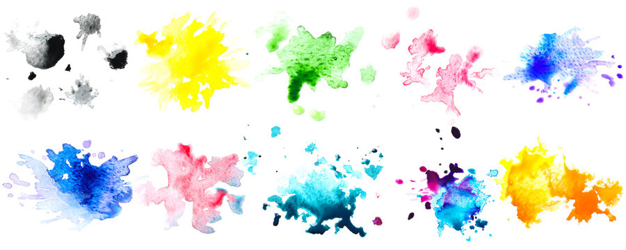 Bright watercolor blobs on white background, set