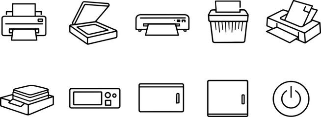 Collection of office equipment icons including printers, scanners, and shredders