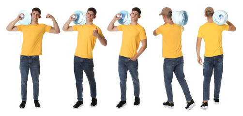 Obraz premium Delivery worker with water cooler bottle. Collage of portraits on white background