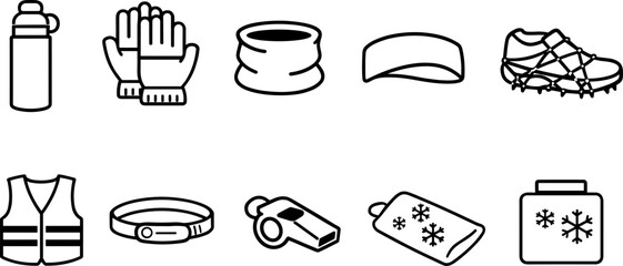 Collection of winter sports and outdoor activity gear icons