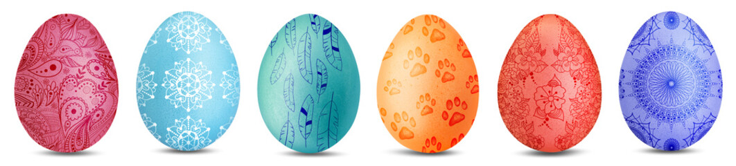 Fototapeta premium Easter eggs brightly dyed and decorated with patterns for festive celebration isolated on white, set