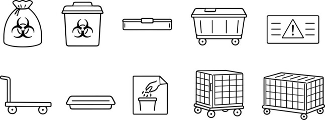 Collection of icons representing waste management and hazardous material handling equipment