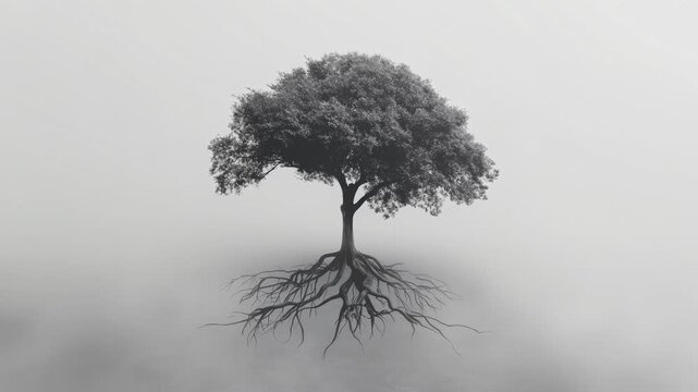 Isolated conceptual tree with exposed roots on a gradient background. Growth, stability, evolution, digital art, sustainability concept.