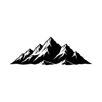 A black and white illustration of a mountain range with snow capped peaks