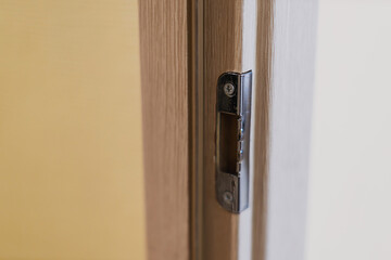Close-up of a wooden door frame with a metal strike plate.