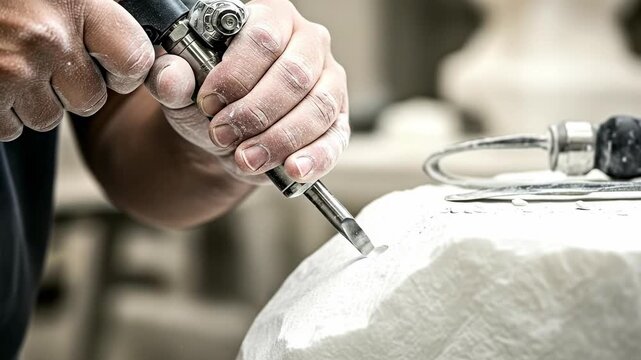 Close up of a male sculptor using a pneumatic air chisel to carve a white marble block in a workshop, dust flying from the stone surface