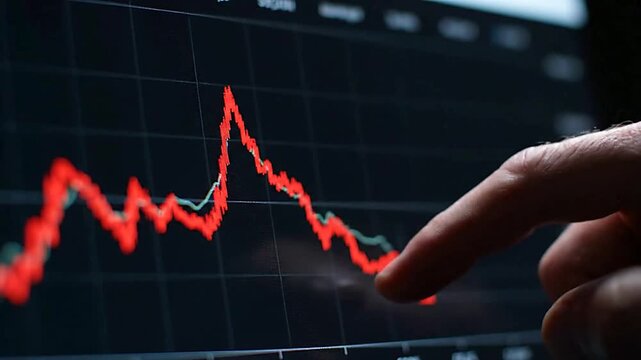 Close up of graph fluctuating in dark setting or Close up of finger touching graph on screen in dark setting