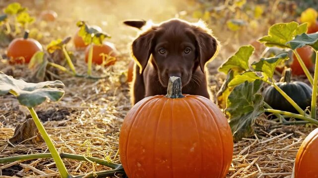brown labrador retriever puppy. A playful puppy curiously approaches a bright orange pumpkin in a sunlit pumpkin patch, surrounded by leafy vines and a warm, golden atmosphere