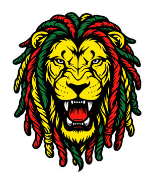 ラスタカラードレッドヘアのライオン ベクターイラスト｜Roaring Lion with Rasta Color Dreadlocks Vector Illustration