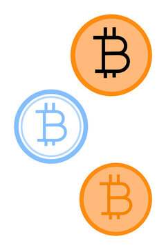 Three Bitcoin cryptocurrency coins in blue and orange colors.&nbsp;Digital money and blockchain concept illustration for fintech, financial and crypto designs.&nbsp;Investment, money management. High-res PNG