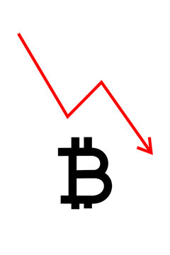 Bitcoin ion with red downward arrow showing cryptocurrency price drop, market decline, and bearish trend. High-res PNG, crypto trading, investment loss, financial market analysis, volatility concept
