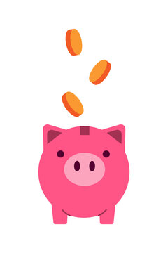 Piggy bank character illustration with coins. Colorful cartoon design perfect for finance, savings, banking, budgeting, children's content, and playful business graphics. High resolution PNG, isolated