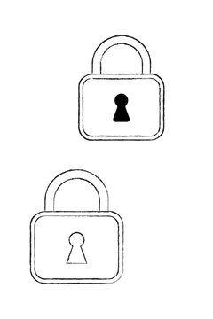 Chalk-style hand-drawn padlock, lock icons with sketch texture, showing locked and unlocked states. High-resolution PNG, ideal for cybersecurity, privacy, data protection, digital security concepts.