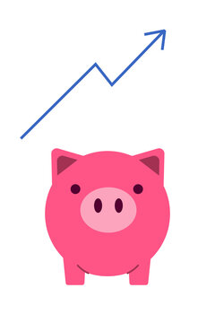 Pink piggy bank with upward growth arrow illustration representing financial success, savings growth. Perfect for finance, investment, wealth building, stock market, business success graphics PNG