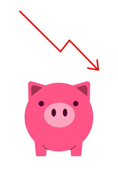 Piggy bank with downward loss arrow illustration. Financial risk and savings deprivation. Perfect for finance, investment, wealth building, stock market, business success graphics. High-res PNG