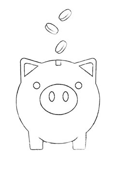 Hand-drawn piggy bank with falling coins illustration. Simple outline design perfect for savings, finance, money management, investment, and financial literacy graphics and educational materials. PNG