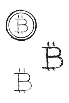 Hand-drawn Bitcoin symbol with chalk texture . High-set on transparent background. Multiple BTC logo designs and cryptocurrency icons. Perfect for crypto, blockchain, finance, digital currency concept