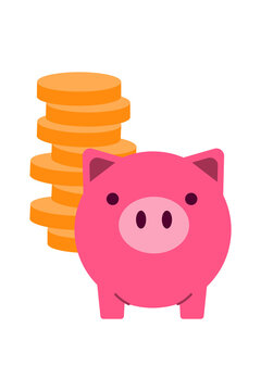 Piggy bank character with stacked gold coins illustration on transparent background. Savings and money accumulation concept. High-res PNG for banking, investment, wealth management, financial planning