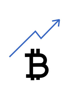 Bitcoin with upward trending arrow illustration on transparent background. Cryptocurrency price increase, growth concept. PNG icon for crypto trading, investment gains, and financial market analysis