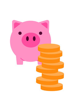 Pink piggy bank with stacked gold coins illustration on transparent background. Savings and money accumulation concept. High-res PNG for banking, investment, wealth management, financial planning