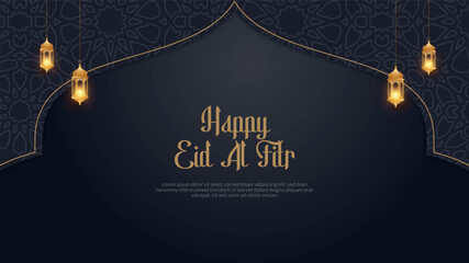 Happy Eid Al Fitr Dark Background with Golden Lanterns Vector