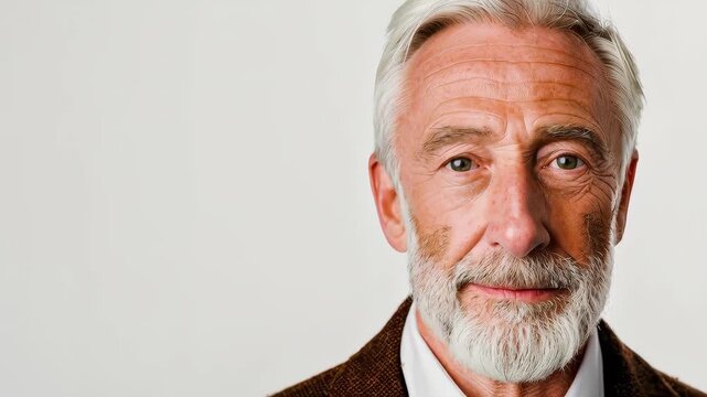 Serene Portrait of a Senior: A dignified senior, with a well-groomed, grey beard, gazes directly at the viewer with a sense of wisdom and life experience.