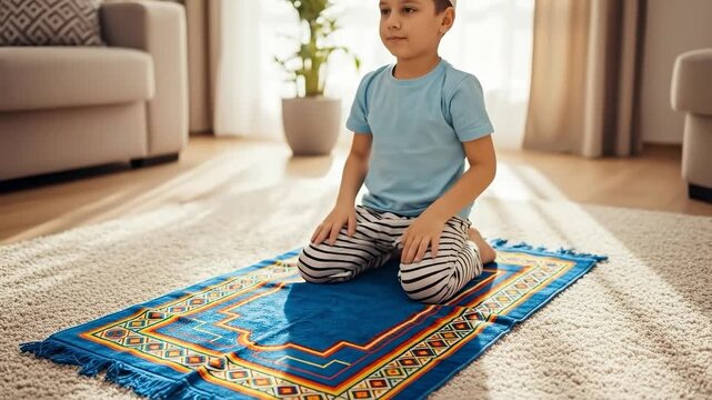 A young Muslim boy wearing a white kufi cap performing sujud prostration on a blue prayer rug at home during daylight