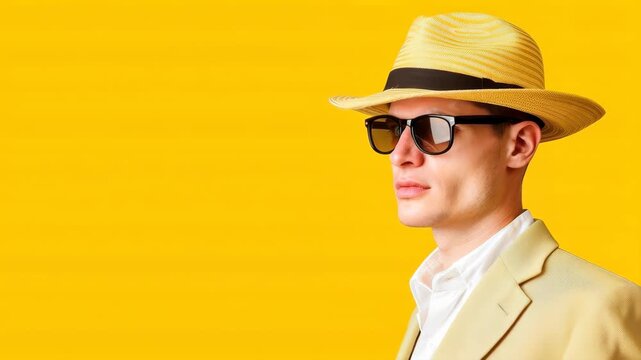 Man in Sunglasses and Hat: A stylish individual, wearing sunglasses and a classic hat, exudes an air of effortless sophistication against a vibrant backdrop. Capturing a sense of relaxed elegance.