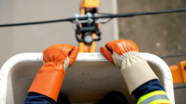 Close up of a utility worker wearing protective orange and tan leather gloves while working in a bucket truck lift high above the ground near power lines