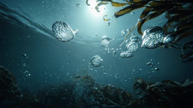 Underwater Shot of Air Bubbles Rising to the Surface with Bright Sunlight Rays - Aquatic Nature Background