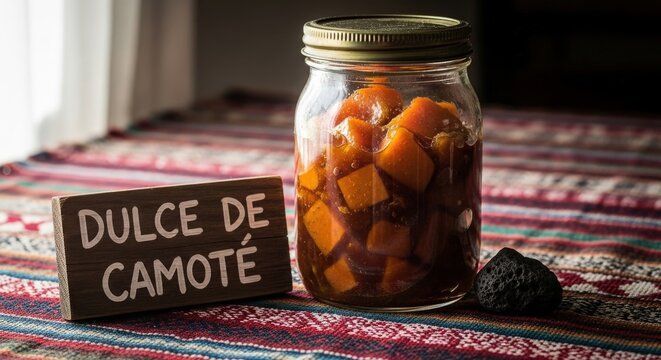 Traditional Mexican Dulce de Camote Candied Sweet Potato in Amber Syrup with Huipil and Ceiba Sign