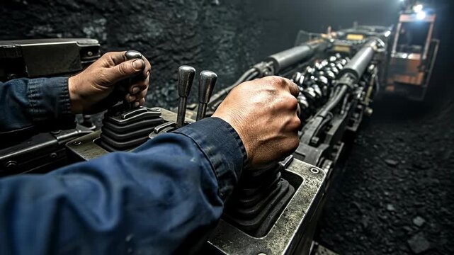 Close up of a male worker's dirty hands operating the control levers of a large drilling machine in a dark underground coal mine