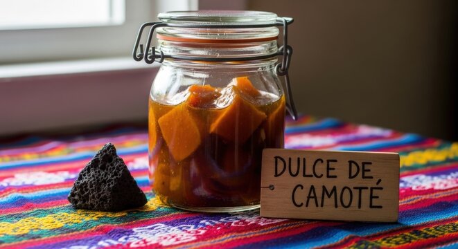 Traditional Mexican Dulce de Camote Candied Sweet Potato in Amber Syrup with Huipil and Ceiba Sign