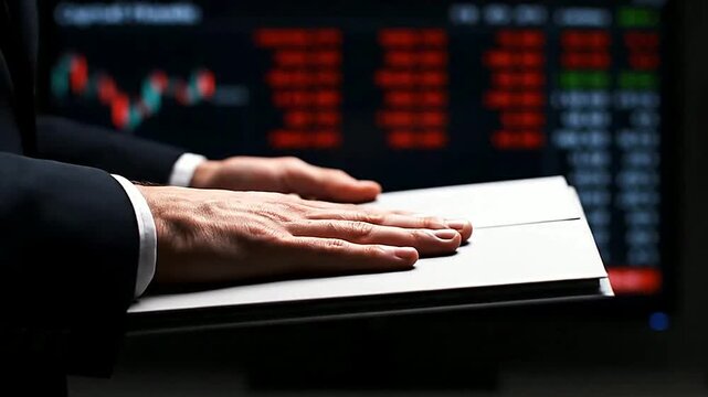 Close up of hand holding book in dark setting or Close up of hand in suit holding notes in dark room