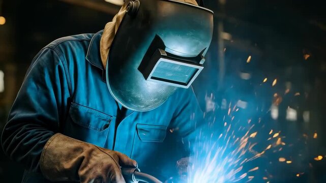 Artisan at Work: In a dimly lit industrial setting, an artisan is focused, the sparks are flying as welding creates metal structures. 
