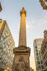 Naklejka premium The Monument to the Great Fire of London rises above the surrounding buildings. This historic landmark commemorates the devastating fire that occurred in 1666, attracting visitors and locals alike.